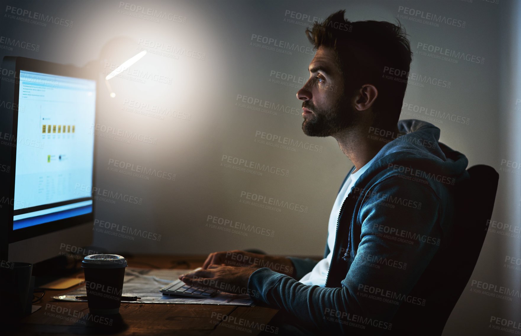 Buy stock photo Man, computer and screen for webdesign at night with deadline, website development or coding at startup. Creativity, digital and software programming with tech, working late and UI for internet vlog 