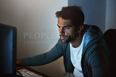 Buy stock photo Computer, man or hacker thinking at night of cyber security, programming or digital network safety. Male person, technology or pc in home planning internet crimes for malware, phishing and ransomware