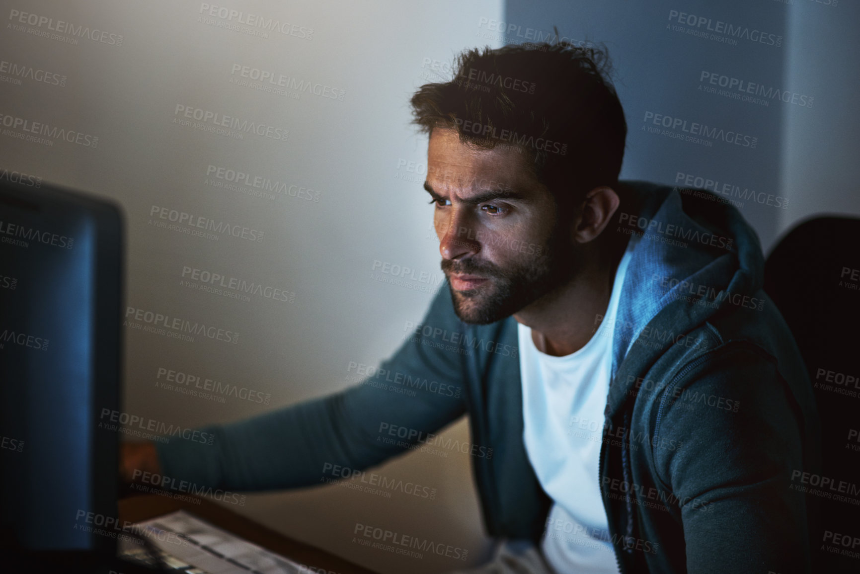 Buy stock photo Computer, man or hacker thinking at night of cyber security, programming or digital network safety. Male person, technology or pc in home planning internet crimes for malware, phishing and ransomware