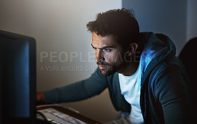 Buy stock photo Computer, man or hacker at night for cyber security, coding, software and programming malware. Technology, male person or developer in home office for phishing, ransomware and digital crimes
