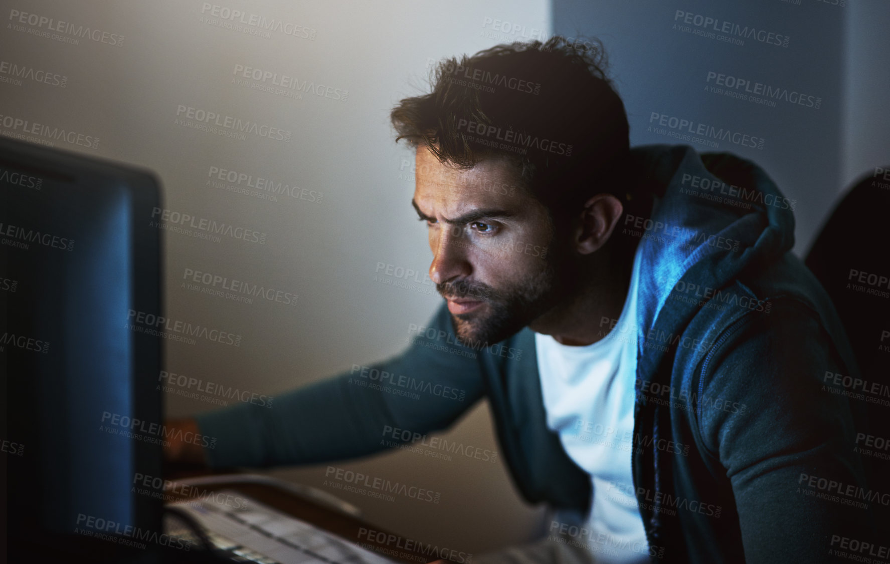 Buy stock photo Computer, man or hacker at night for cyber security, coding, software and programming malware. Technology, male person or developer in home office for phishing, ransomware and digital crimes