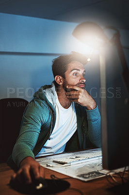 Buy stock photo Night, developer and man on computer for digital software, research and web design programming. Startup, problem solving and programmer coding late in office and overtime for cybersecurity network