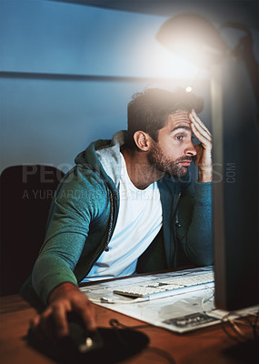 Buy stock photo Man, computer and programmer stress at night in office, deadline and burnout for overtime at work. Male person, software developer and frustrated with error on tech, code and glitch for cybersecurity
