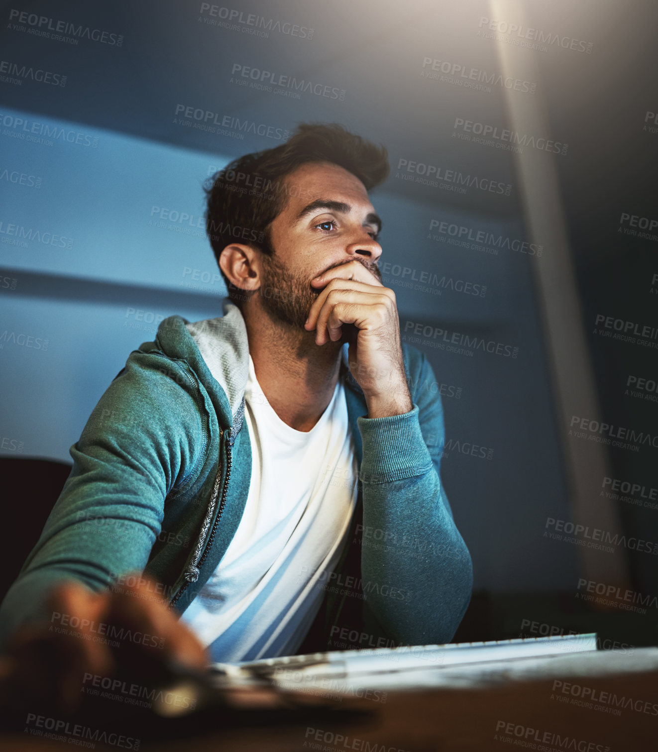 Buy stock photo Web designer, computer and office for overtime, thinking and research for small business startup. Man, planning and technology with workplace, night and working or waiting for website development