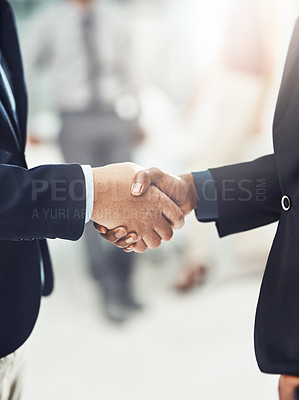Buy stock photo Business people, handshake and meeting in partnership, deal or b2b agreement at the office. Businessman shaking hands for hiring, recruitment or corporate growth in teamwork, welcome or introduction