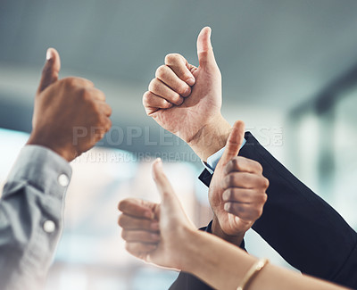 Buy stock photo Business people, hands and thumbs up for winning, success or company goals in teamwork at office. Hand of employee group showing thumb emoji, yes sign or like for team unity, win or victory together