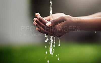 Buy stock photo Hands, water and sustainability with sanitation for environment, health and eco friendly. Ecology, future and nature with humanity for hygiene, wellness and care with conservation or organic