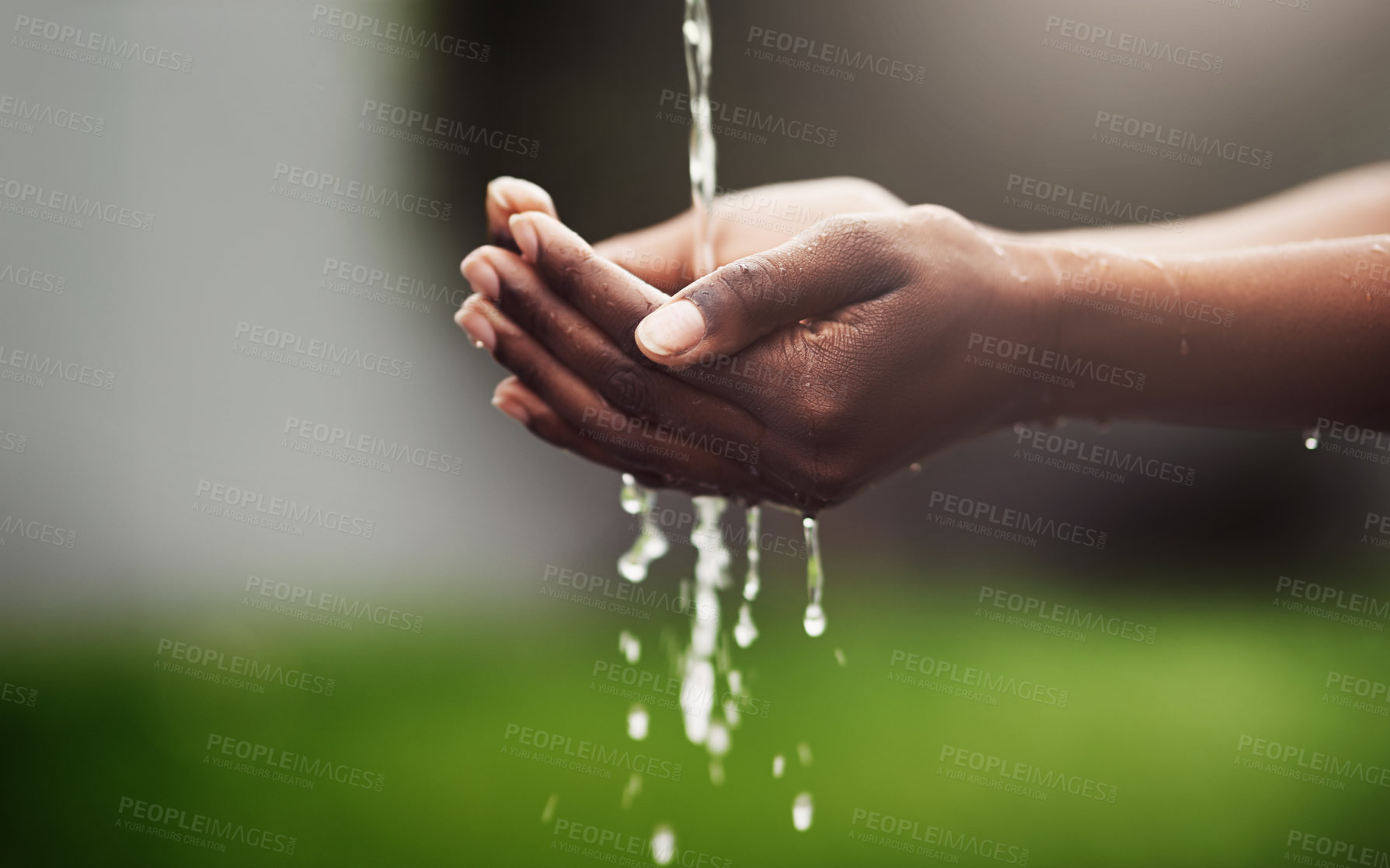 Buy stock photo Hands, water and sustainability with sanitation for environment, health and eco friendly. Ecology, future and nature with humanity for hygiene, wellness and care with conservation or organic