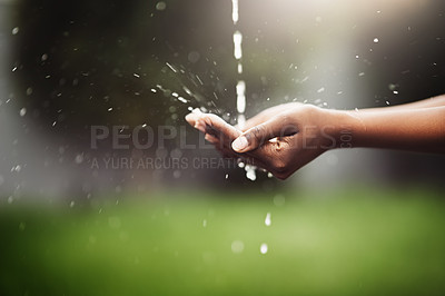 Buy stock photo Hands, water and sustainability with ecology for hygiene, health and eco friendly for cleanness. Environment, future and nature with humanity for sanitation, care and conservation with bokeh