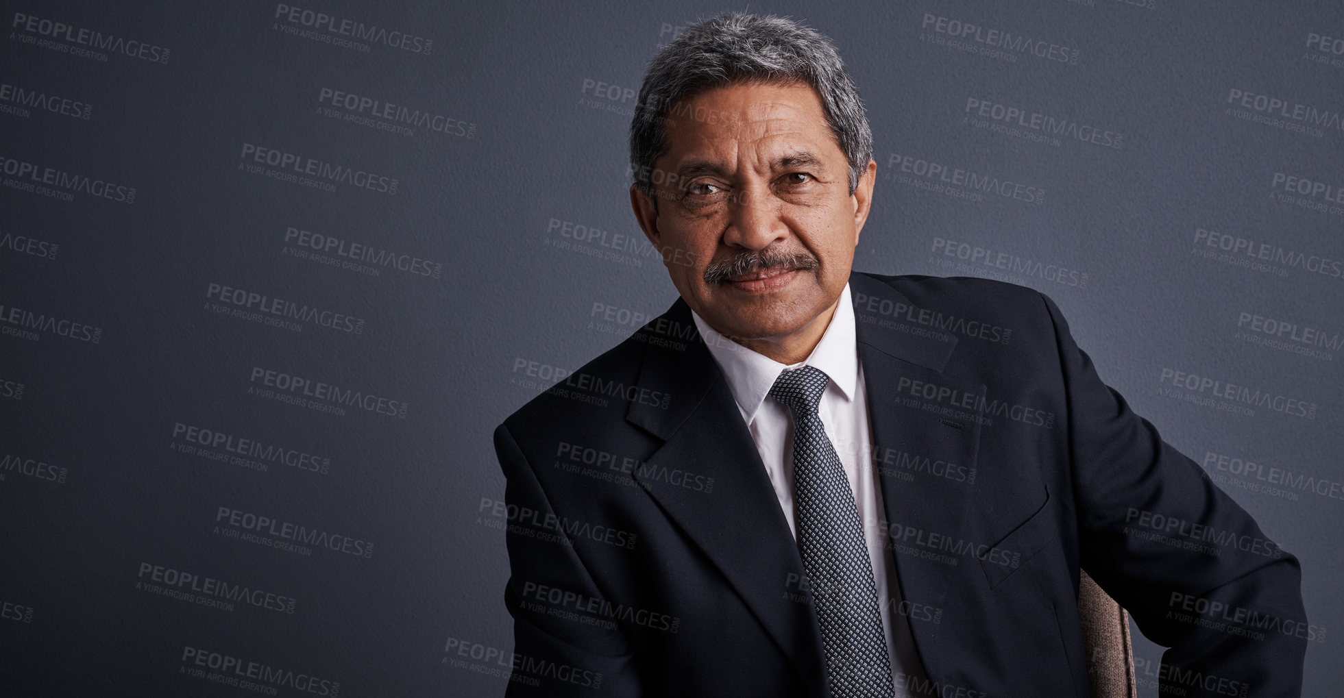 Buy stock photo Portrait, serious and business man in studio for risk management, about us and confidence. Claims advisor, pride and insurance agent with mature person on dark background for broker, space and career