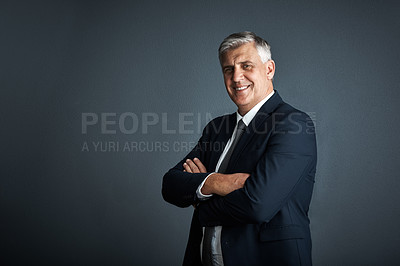 Buy stock photo Studio shot of a mature businessman posing against a grey background