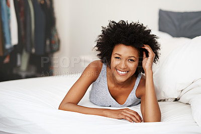 Buy stock photo Black woman, relax and smile in bed for sleep, wellness and self care morning in house. Female person, happy and peace with duvet or pillow for wake up, health and bedroom with portrait in home