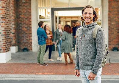 Buy stock photo Man, student and portrait in city, smile and backpack for education, learning or development at college. Person, happy and bag in metro street for scholarship, study or pride at university in Munich