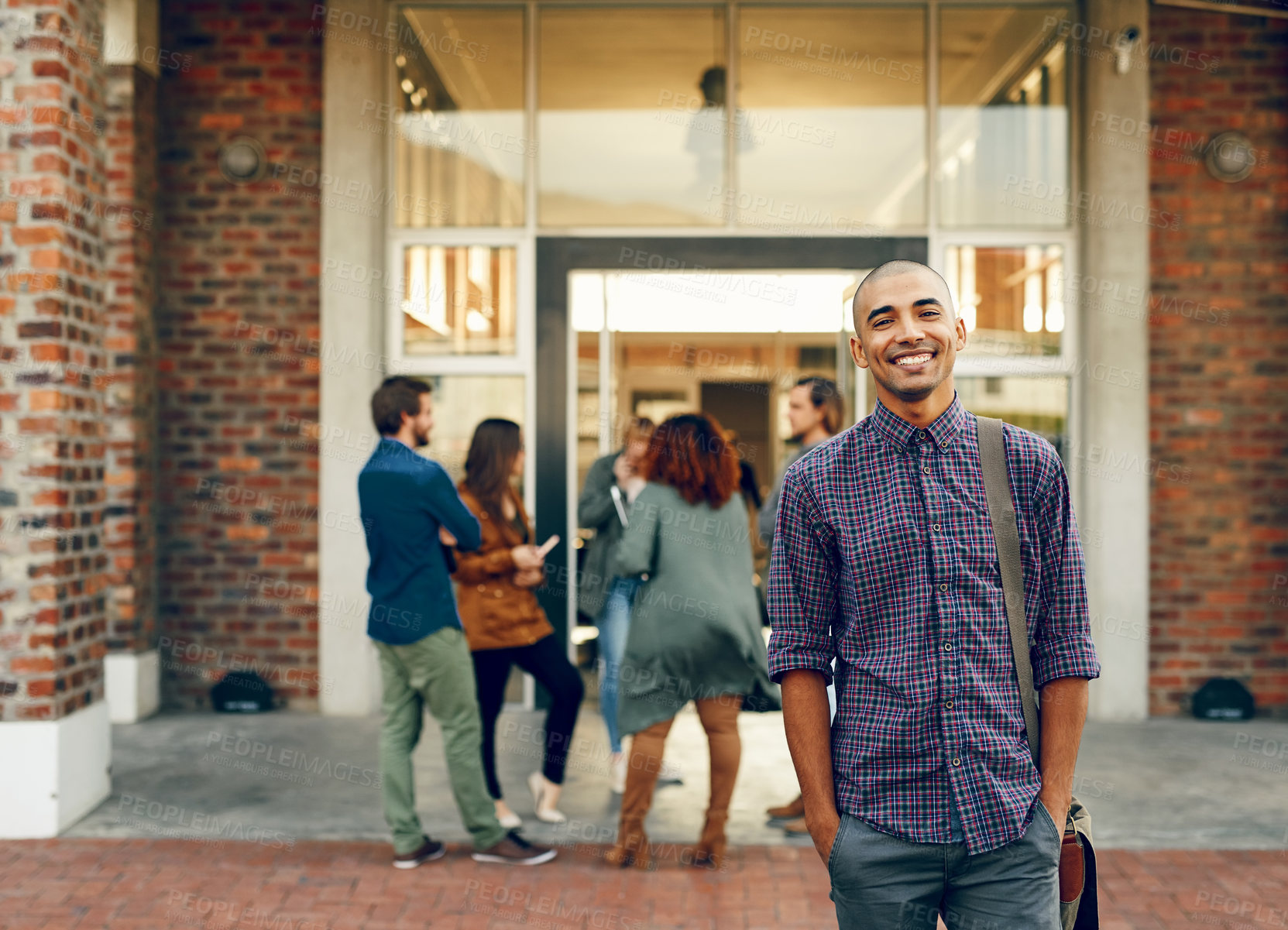 Buy stock photo Portrait, happy man or confident college student on campus in university for opportunity, future or study. Outdoor, biracial person or proud scholar with smile for school, education or scholarship