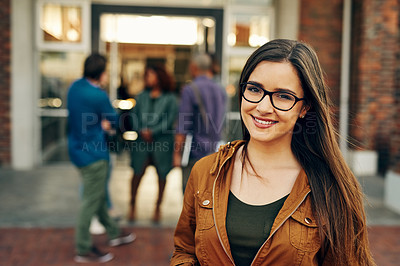 Buy stock photo Portrait of a happy young woman standing outdoors on campus
