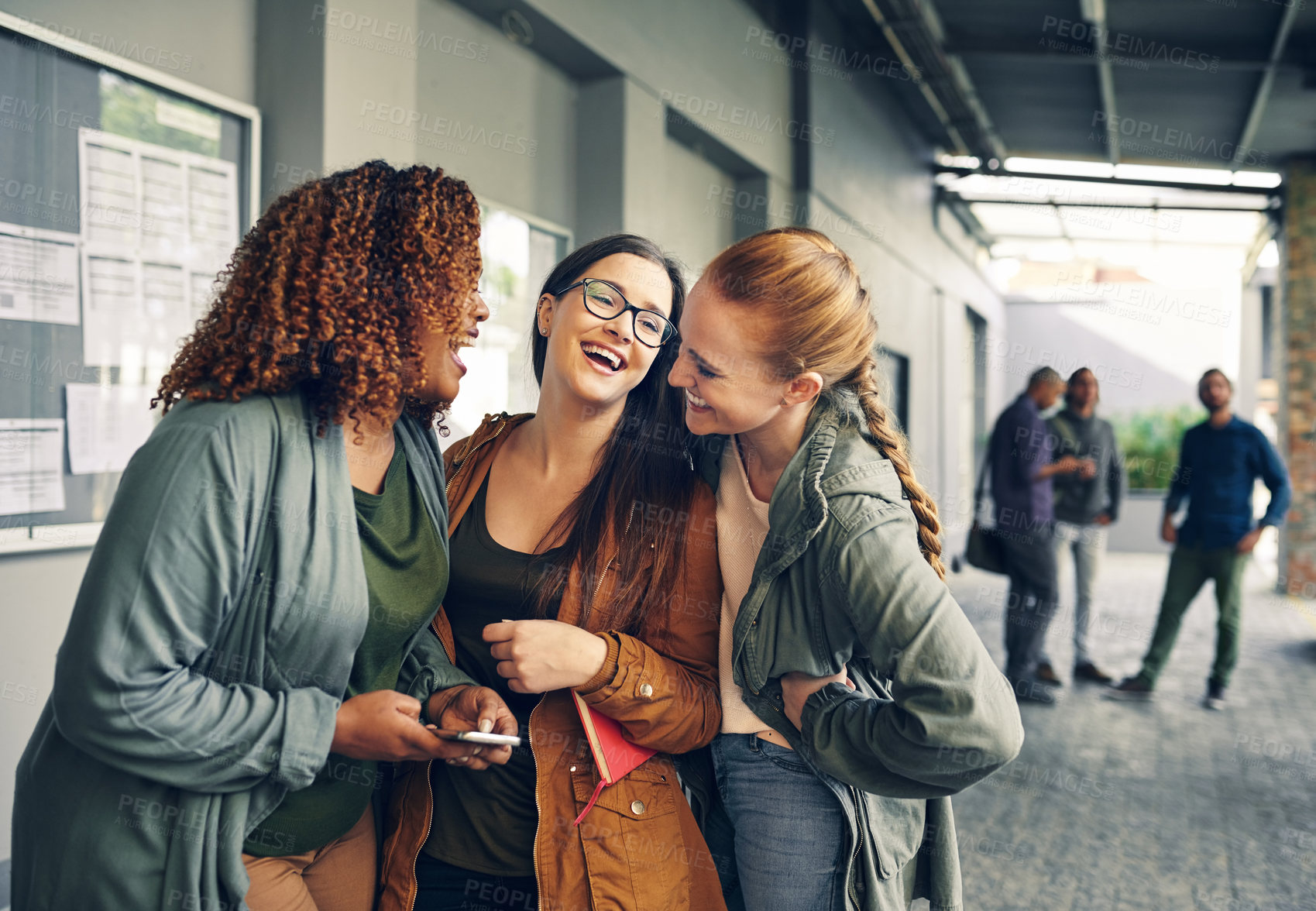 Buy stock photo Laughing, conversation and girl friends together outside a building speaking about gossip. Happy, diversity and women with smile talking, bonding and listening to comedy jokes on the internet outdoor