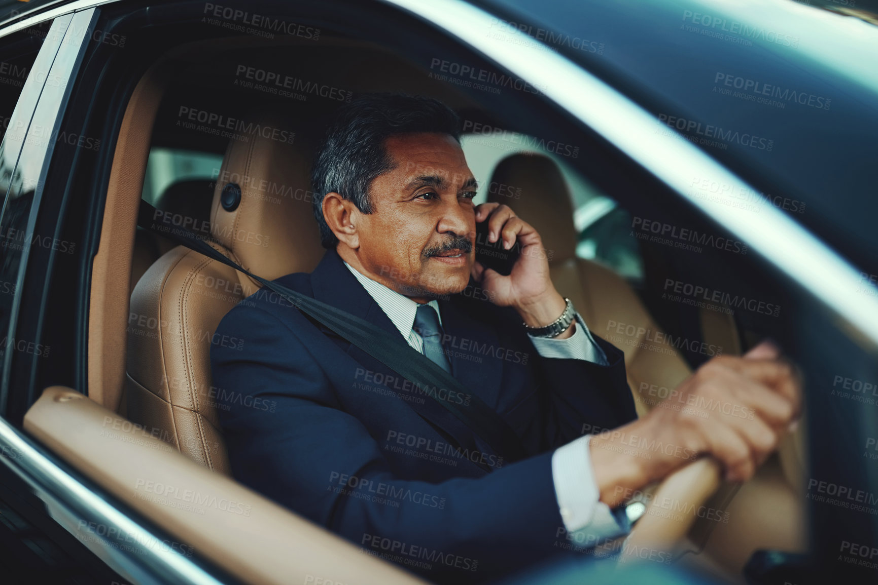 Buy stock photo Phone call, driving and business man in car for conversation, discussion and online chatting. Traffic, driver and mature person in vehicle on smartphone for transport, journey and travel in city