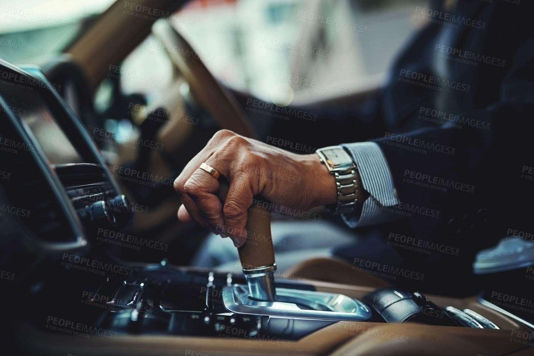 Buy stock photo Driving, car and gear with hand of man for manual, transportation and engine. Luxury, test drive and safety with closeup of male driver in vehicle for commute, travel and automobile transmission