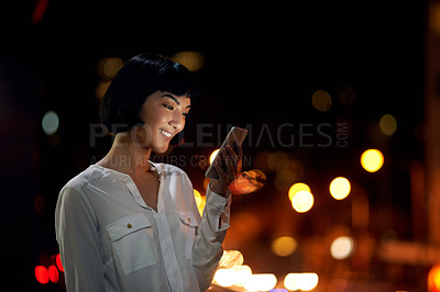 Buy stock photo Phone, night and happy business woman in city for info, research story or news on deadline. Mobile, scroll or employee check email, update or reading notification for project with journalist on bokeh