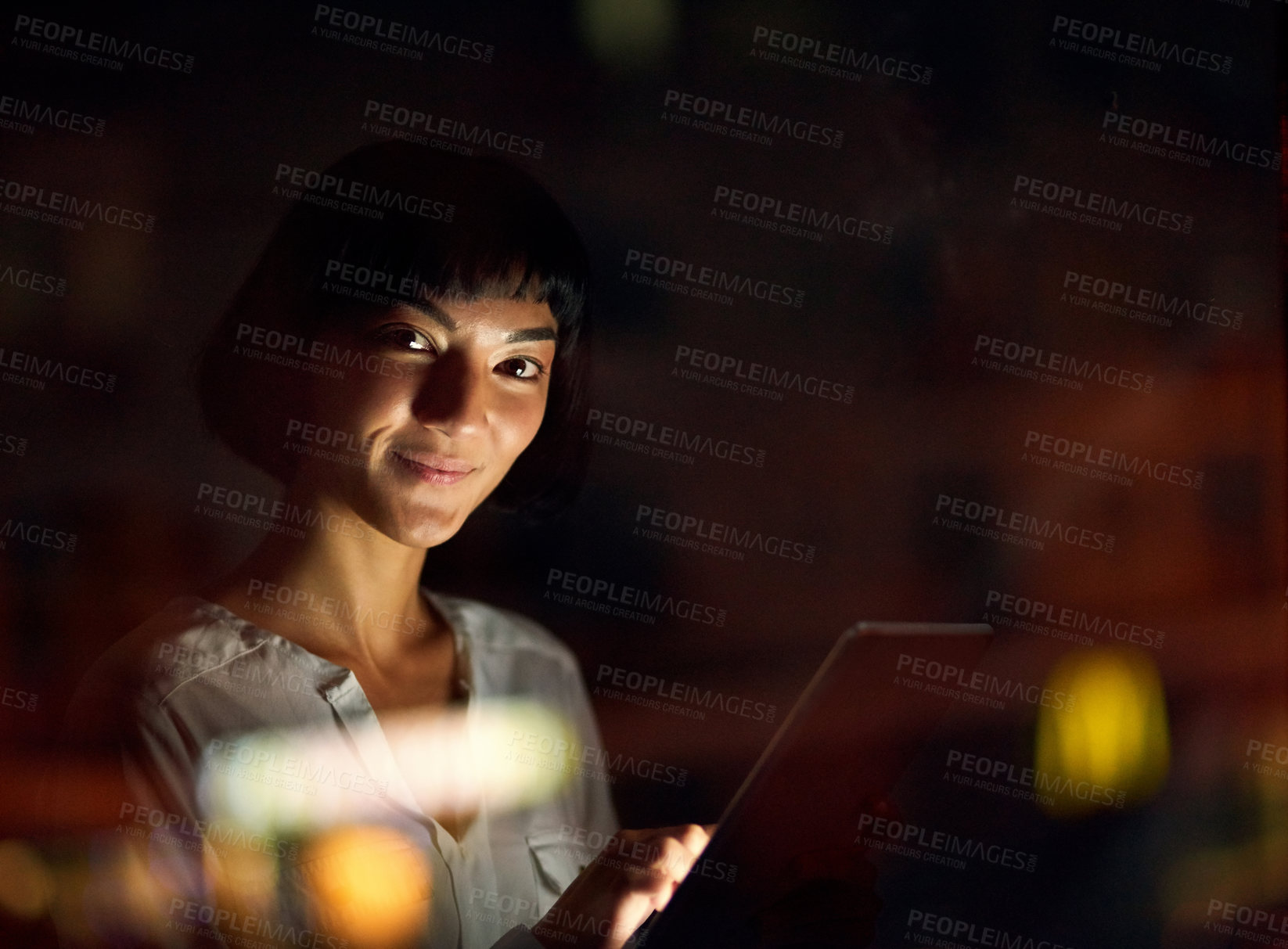 Buy stock photo Tablet, night and portrait of business woman in city for information, research and networking on deadline. Tech, smile and face of creative writer, entrepreneur or employee on app at startup in Italy