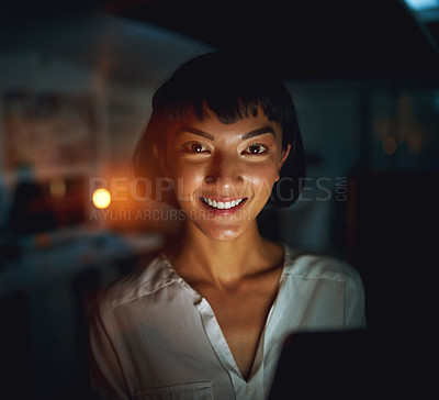 Buy stock photo Portrait, dark and business with woman, tablet and happy with project, deadline and digital app. Face, evening and creative agency with employee, consultant and schedule with connection and night