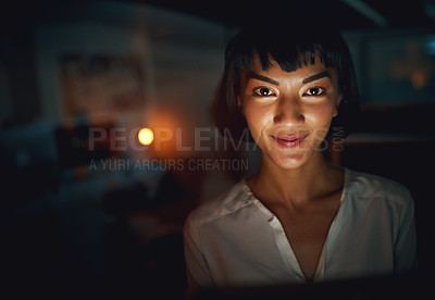 Buy stock photo Portrait, night and woman with tablet, entrepreneur and happy with project, app and schedule. Face, evening and creative agency with employee, graphic design and internet with technology or deadline