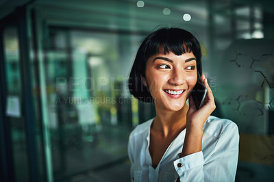 Buy stock photo Business, phone call and happy Asian woman in office at night for negotiation, deal or feedback for project deadline. News, mobile and communication specialist listen to contact or client in startup