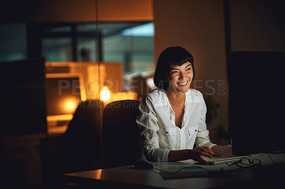 Buy stock photo Business, woman and happy at night in office for report deadline, assignment and press release timeline. Female journalist, working late and computer in workplace for story submission and newsletter.