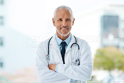 Buy stock photo Doctor, happy and portrait of mature man in a hospital at a cardiology clinic with arms crossed. Professional, medical employee and stethoscope with healthcare, surgeon and cardiologist consultant