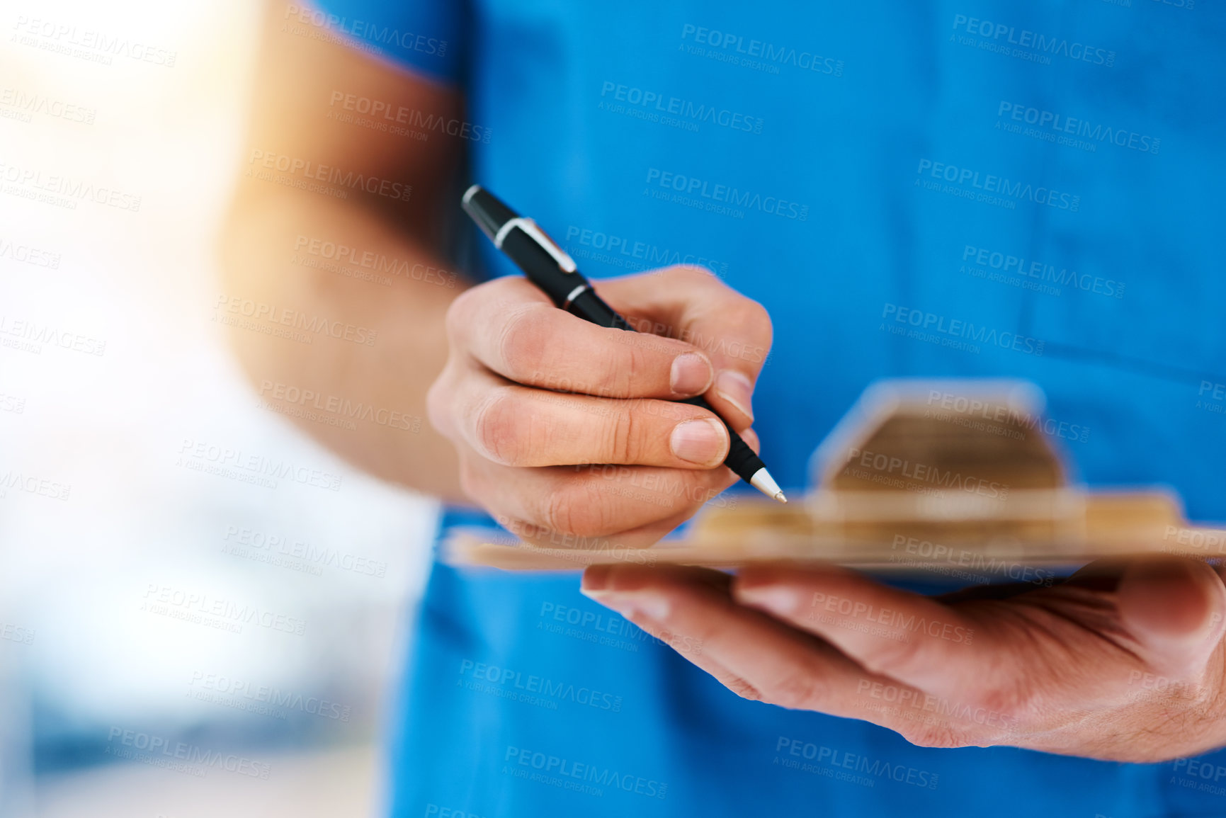 Buy stock photo Hospital, clinic and hands of nurse with clipboard for medical service, medicine and writing notes. Healthcare, documents and person with checklist for medicare, insurance form and prescription