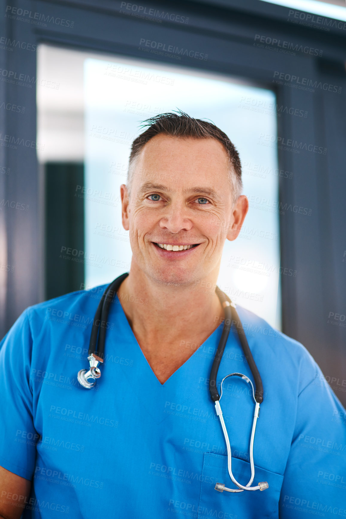 Buy stock photo Smile, surgeon and portrait of mature man in a hospital at a cardiology clinic with confidence. Professional, medical employee and stethoscope with healthcare, wellness and cardiologist consultant