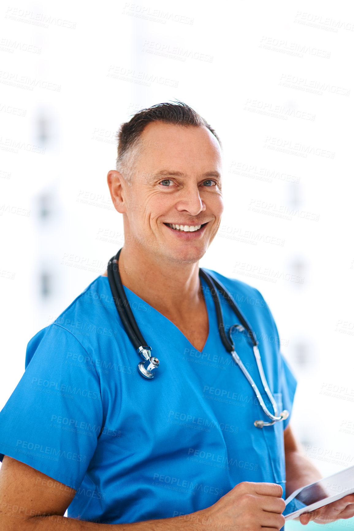 Buy stock photo Hospital, tablet and portrait of doctor with smile for medical website, telehealth and internet research. Healthcare, cardiology and man on digital tech and stethoscope for online consulting service