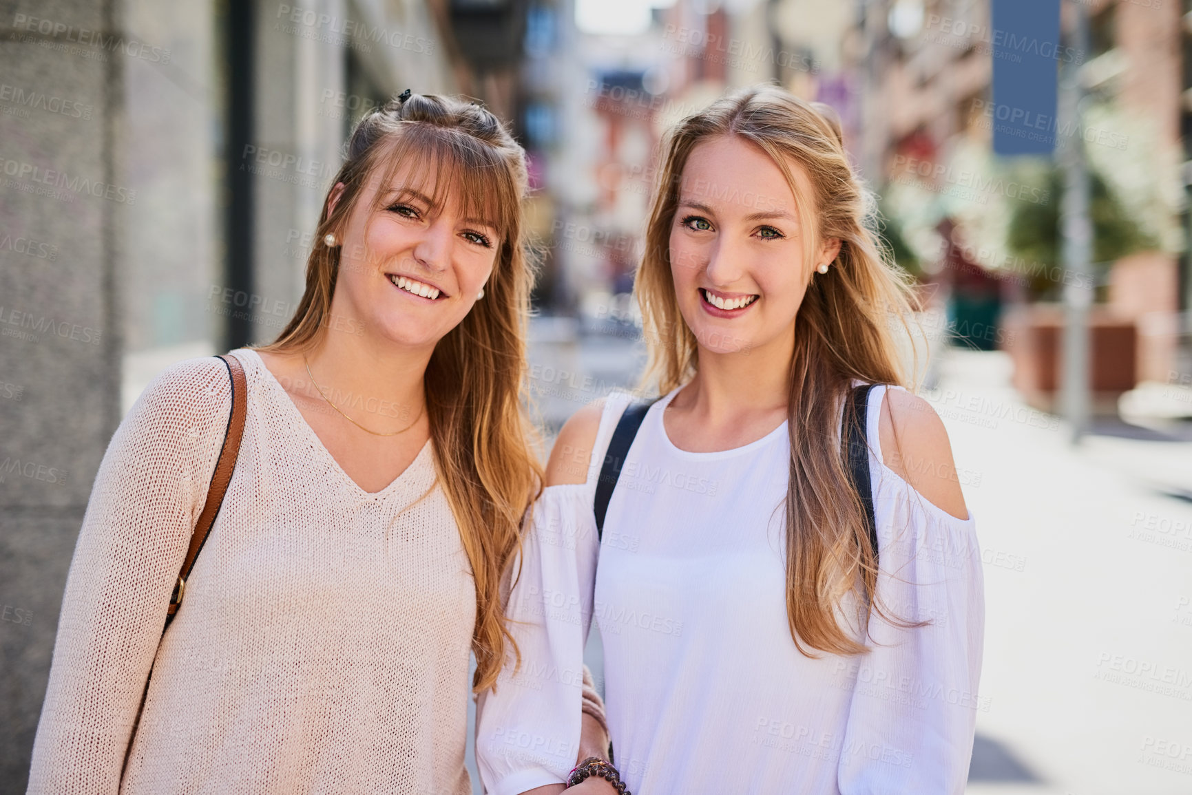 Buy stock photo Friends, women and happy in city for portrait, outing and reunion in Australia. Sisters, love or smile on sidewalk for journey, bonding and ready for shopping with relationship development or support