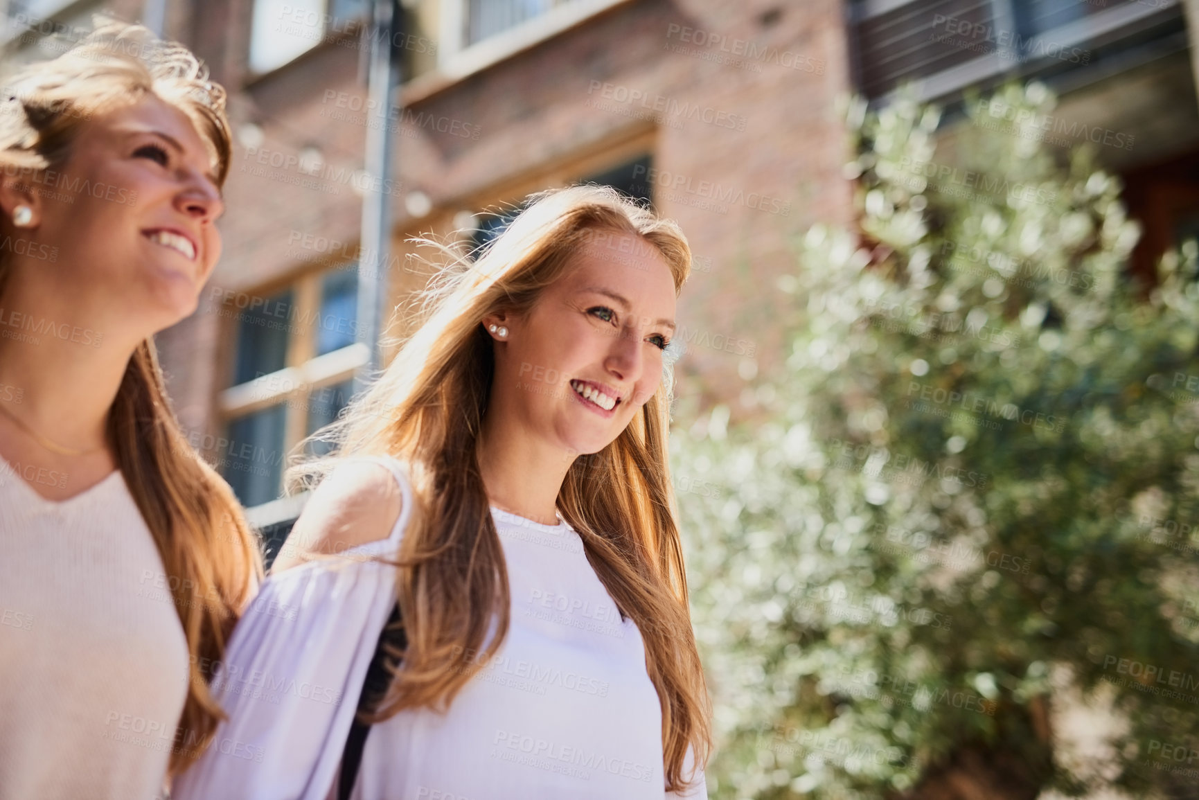 Buy stock photo Happy, adventure or girls walking in city with trendy fashion for travel, scholarship or university commute. Friends, smile and women in urban town for journey or college as foreign exchange students