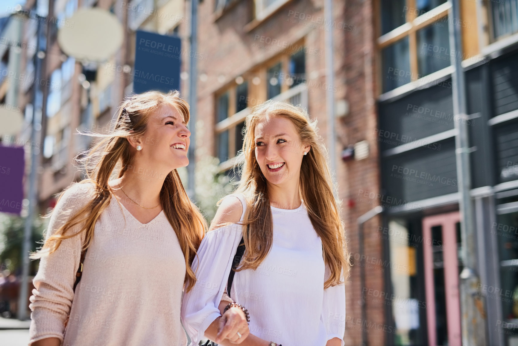 Buy stock photo Women, happy and holiday with travel in city for outdoor adventure, urban and sightseeing together. Journey, smile and friends walking by buildings for weekend exploring, tourism or vacation in Italy