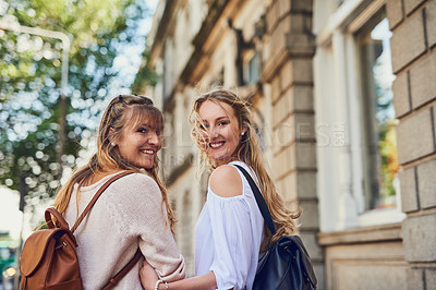 Buy stock photo Back, portrait or women walking in urban area for trendy fashion, school holiday or university break. Trip, smile and happy girlfriends in city for sightseeing adventure, bonding and explore town