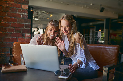 Buy stock photo Happy women, wave and video call with laptop at cafe for communication, greeting or virtual chat. Young, female person or friends with smile on computer or technology in online meeting at coffee shop