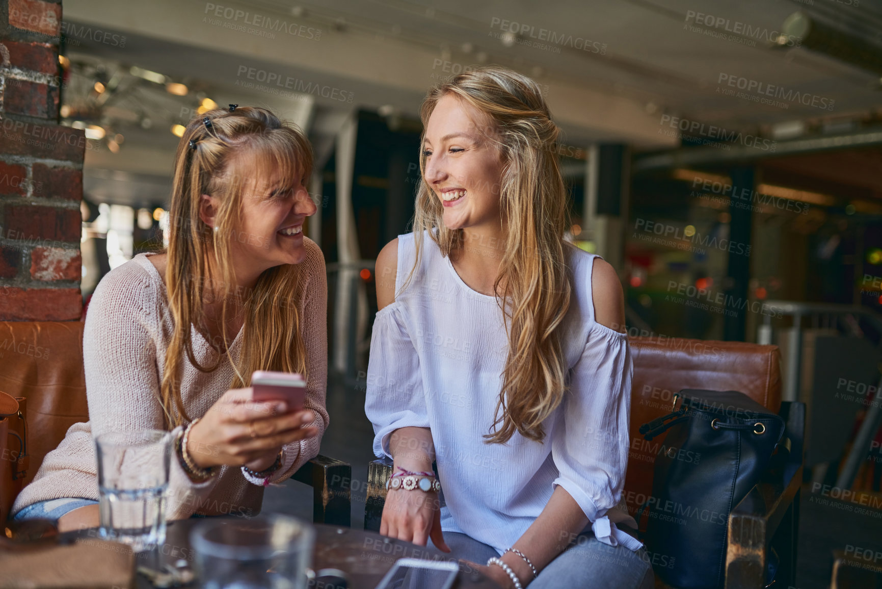 Buy stock photo Coffee shop, friends and women with phone for social media, internet and website in restaurant. Cafeteria, relax and people on smartphone for bonding, conversation and chat with beverage together