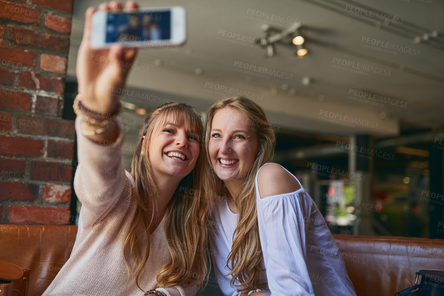 Buy stock photo Smile, women or selfie of friends in coffee shop for relax, laugh or video call meeting together. Happy girls, photography or picture in cafe for blog post, memory vlog or influencer live streaming