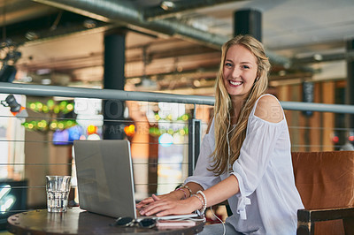 Buy stock photo Happy woman, portrait and journalist with laptop at coffee shop for online browsing, content creation or digital writing. Young, female person or author with smile on computer for connection at cafe