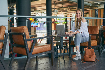 Buy stock photo Happy woman, portrait and author with laptop at cafe for online browsing, content creation or digital writing. Young, female person or journalist with smile on computer for connection at coffee shop