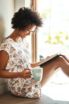 Buy stock photo Woman, reading and book in home with coffee, door way and sitting on floor for comfort with literature or novel for hobby. Fiction, fantasy and knowledge or information, apartment and relax weekend