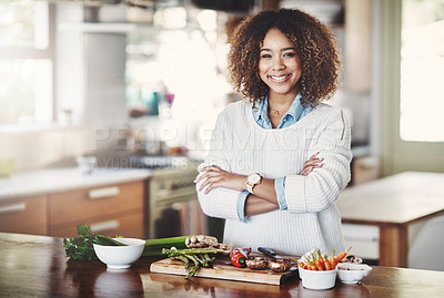 Buy stock photo Cooking, meal and woman with food for vegetables, fresh and dinner in home. Vegan, diet and arms crossed with portrait and recipe for nutrition, smile and female person in kitchen with ingredients