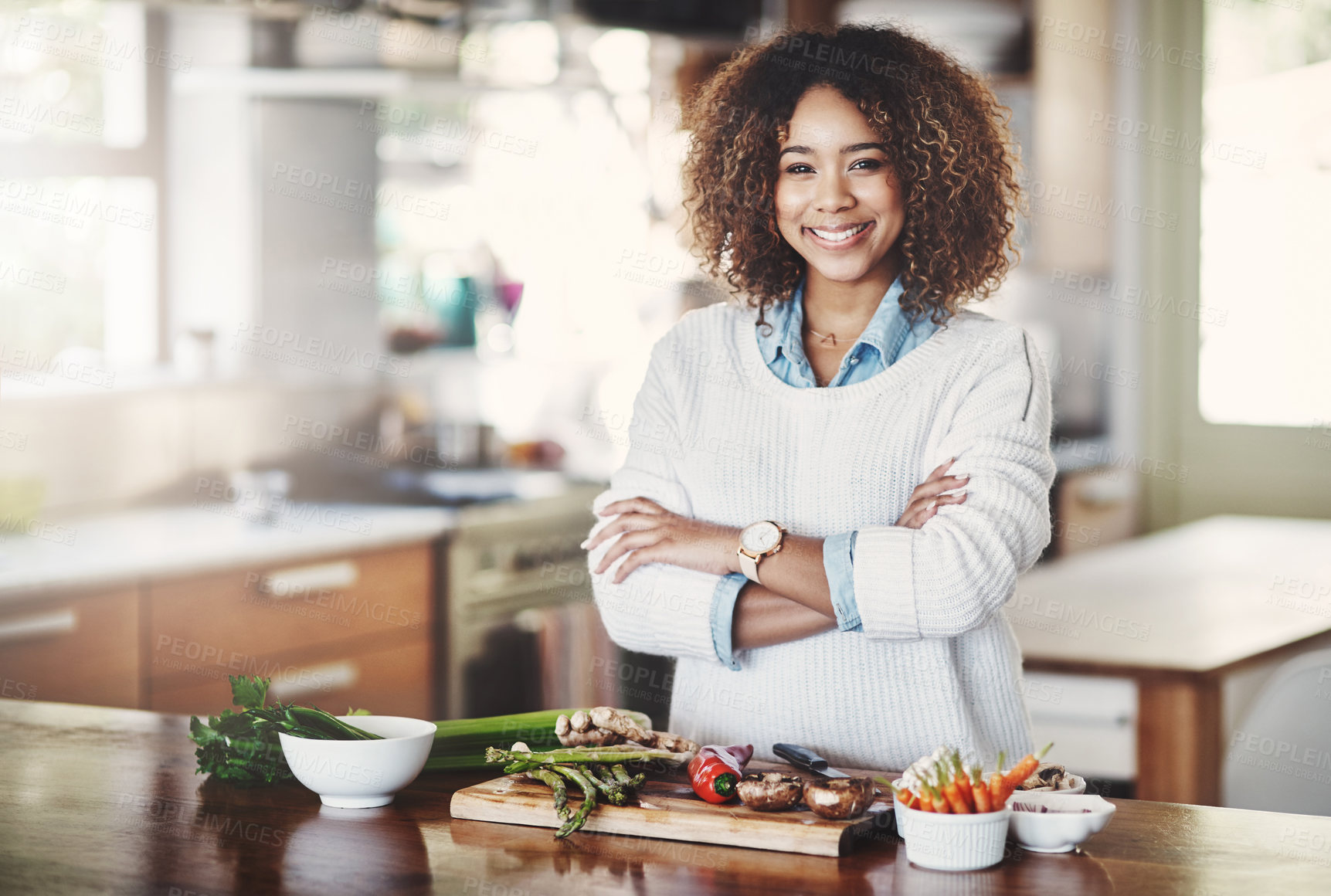 Buy stock photo Cooking, meal and woman with food for vegetables, fresh and dinner in home. Vegan, diet and arms crossed with portrait and recipe for nutrition, smile and female person in kitchen with ingredients