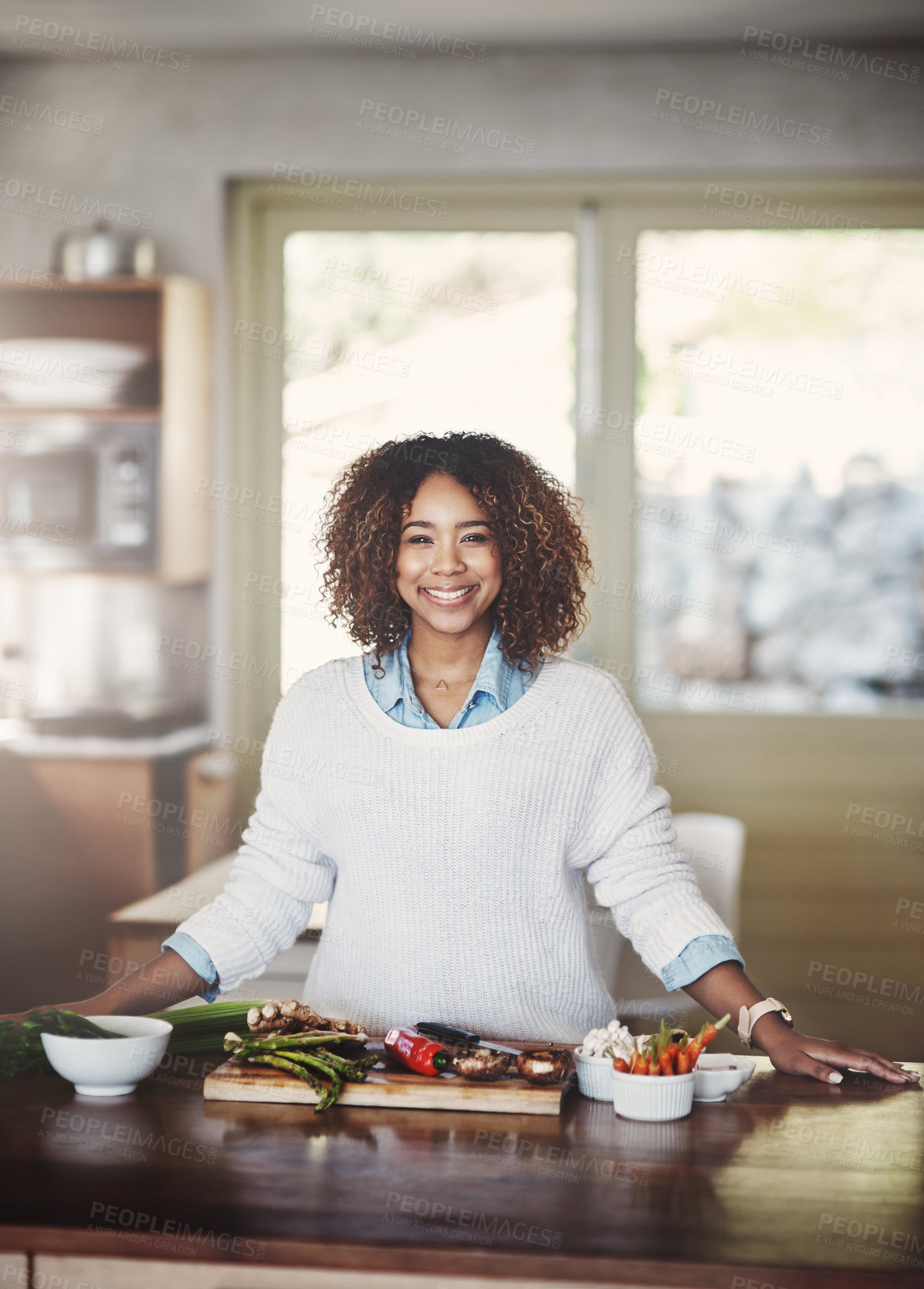 Buy stock photo Cooking, meal and woman with knife for vegetables, food and dinner in home. Vegan, diet and healthy eating with portrait and recipe for nutrition, smile and female person in kitchen with ingredients