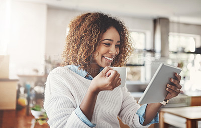 Buy stock photo Woman, tablet and smile with coffee in home for communication, connection and social media post. Technology, female person or remote worker browsing internet for online news, reading blog or research