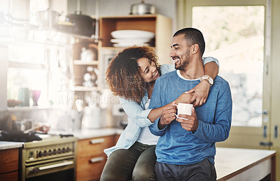 Buy stock photo Love, coffee and happy couple in kitchen, morning hug in home with smile, hugging and healthy relationship. Happiness, man and woman embrace with affection, romance and young people in apartment.