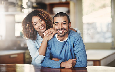 Buy stock photo Love, marriage and portrait of happy couple in kitchen of home with smile, embrace and healthy relationship. Happiness, man and woman with pride, affection and romance, young people in new apartment.