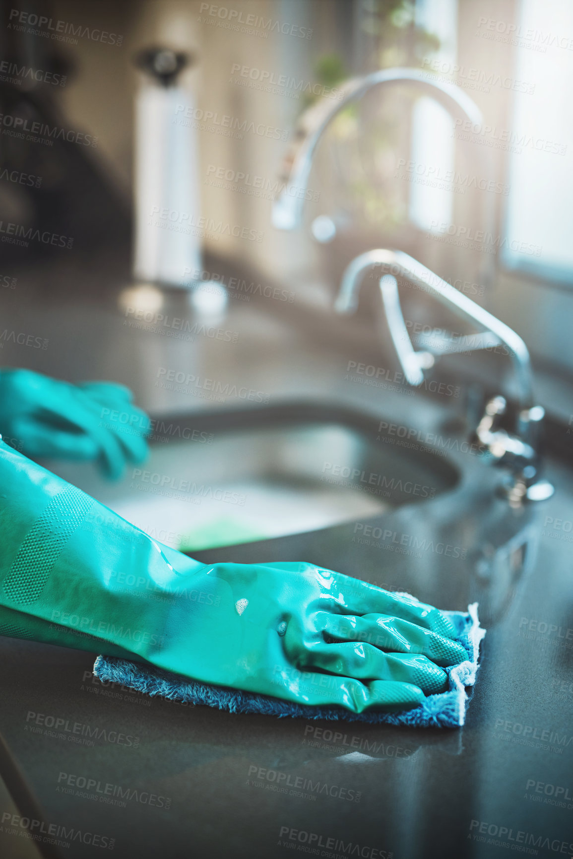 Buy stock photo Hand, glove and kitchen with sink, cleaning and home routine for hygiene and responsibility. Housekeeping, faucet and washing for countertop, polishing and cloth for scrub with domestic housework