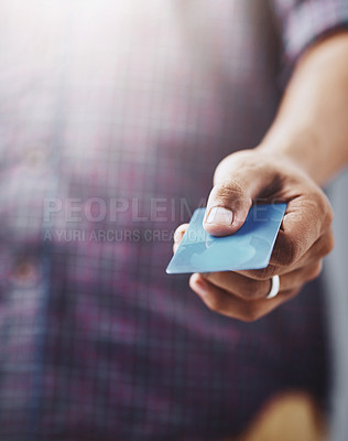 Buy stock photo Man, hand and credit card in finance for checkout payment, purchase or buying at retail store. Closeup of male person, hands or customer showing debit for shopping, transaction or banking to pay